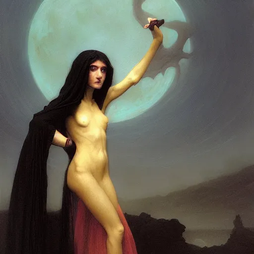 Prompt: awe-inspiring award-winning concept art painting of attractive figure in black shrouds called the ghost of the moonbow queen, rainbow, by Michael Whelan, William Adolphe Bouguereau, John Williams Waterhouse, and Donato Giancola, cyberpunk, extremely moody lighting, glowing light and shadow, atmospheric, shadowy, cinematic, 8K,