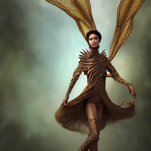 Prompt: brown woman wearing a dragonfly armor. iridiscent. extremely photorealistic. super detailed. layered. textured. award winning. dispersion of light. refracted lighting. soft. fragile. by ray caesar. by louise dahl - wolfe. by tom bagshaw. surreal photoraphy