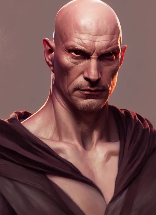 Image similar to Portrait of a man, bald, scarred! Sith, muscular, robes! intricate, elegant, highly detailed, digital painting, artstation, concept art, smooth, sharp focus, illustration, art by artgerm and greg rutkowski and alphonse mucha