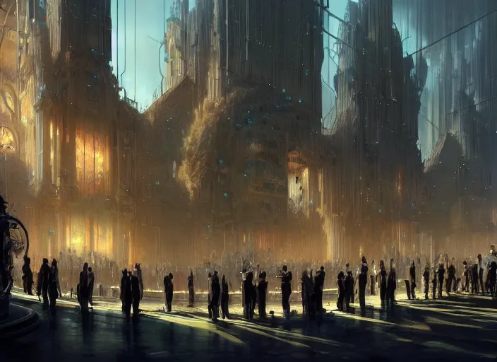 Image similar to a large group of people standing around a building, a detailed matte painting by stephan martiniere, cgsociety, fantasy art, concept art, matte painting, matte drawing