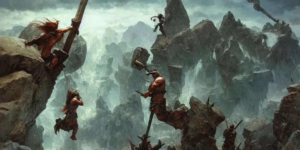 Prompt: epic battle barbarian norse gods thunder inverted individual rocks hanging from the sky two worlds facing each other horizontal symmetry inception good composition artstation illustration sharp focus sunlit vista painted by ruan jia raymond swanland lawrence alma tadema zdzislaw beksinski norman rockwell tom lovell alex malveda greg staples