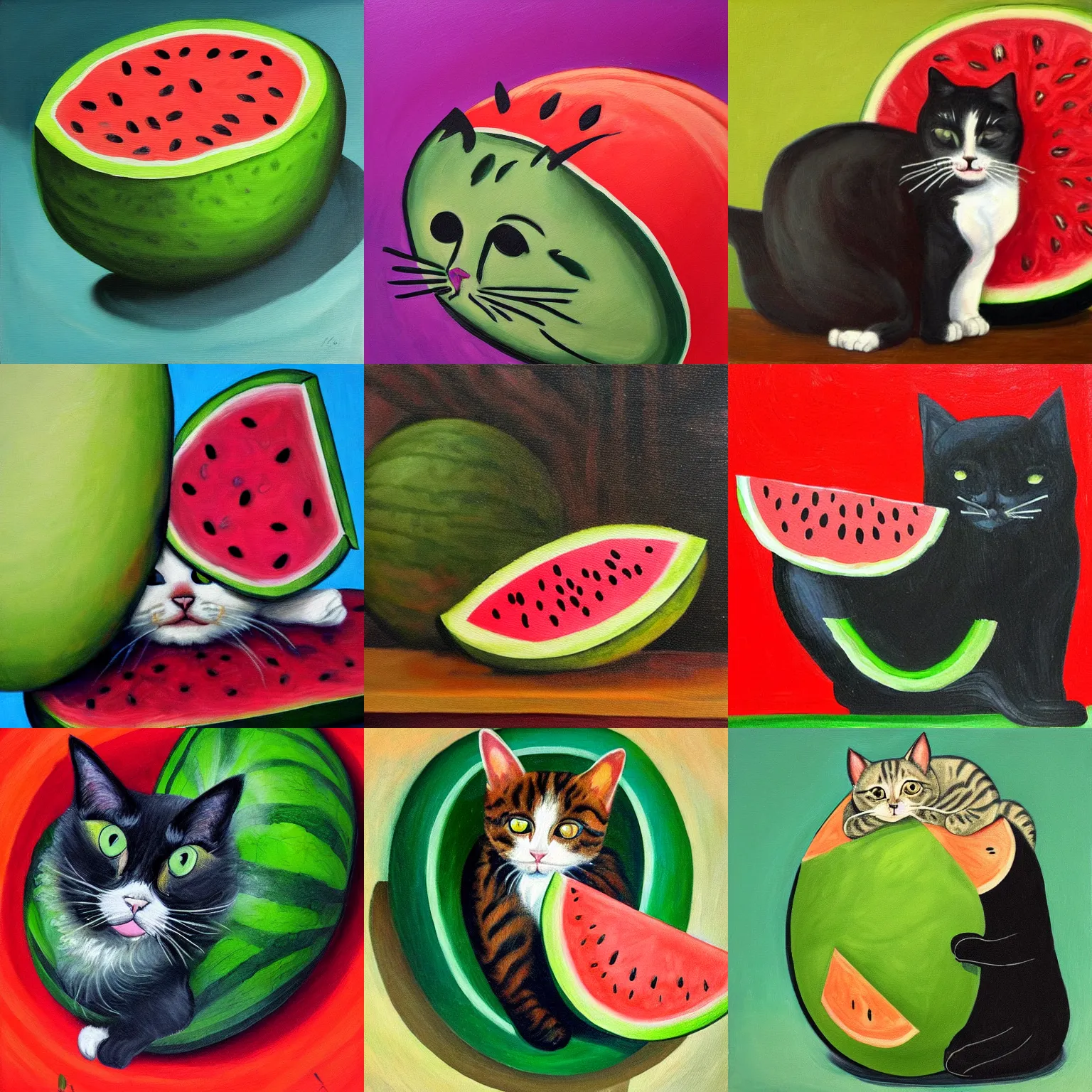 Prompt: painting of a cat in the shape of a watermelon, expressionist