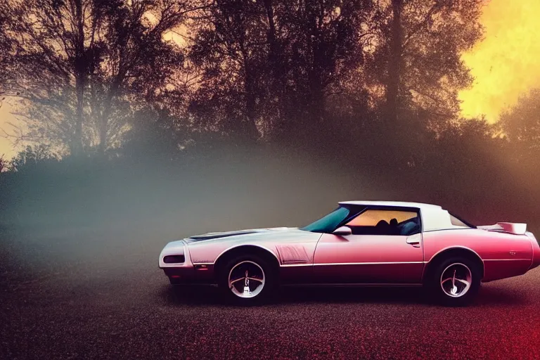 Image similar to pontiac firebird with cherry glitter paint and fur, cat inside car, sunrise, eerie light, fireflies, dramatic, cinematic, forest, horror, sunbeams, volumetric lighting, wide shot, low angle, lightning storm hitting the car, ground cracking open to reveal a portal to hell