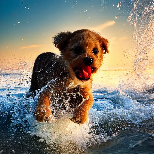 Image similar to a closeup photorealistic photograph of a cute smiling tiger bichon puppy splashing in the surf during sunset. professional capture, well lit shot. this 4 k hd image is trending on artstation, featured on behance, well - rendered, extra crisp, features intricate detail, epic composition and the style of unreal engine.