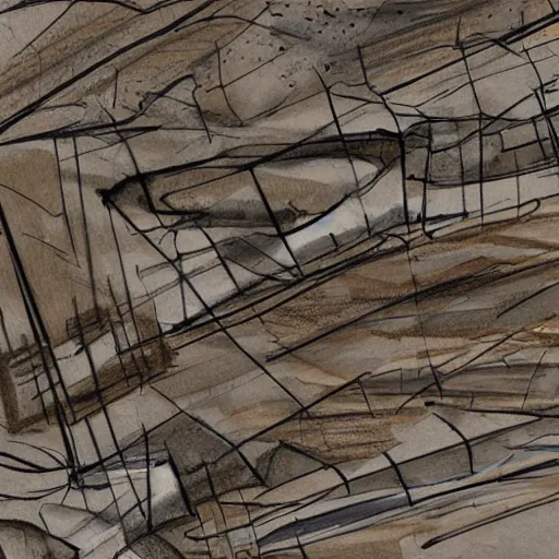 Image similar to masterpiece abstract high detailed intricate painting of many - layered angled rocky field along a three - quarters landscape surface of squared shapes. sloping thin pencil rough sketch lines provide a sense of movement. dramatic use of light to create a sense of a stony surface. using engineering techniques and a rich dark earthy color palette, providing a physical mathematical feel.