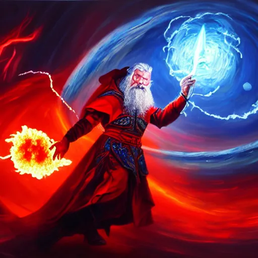 Image similar to Highly detailed oil painting, concept art, of a wizard casting a fireball spell, fighting against a huge ice giant, red and blue color scheme, concept art, highly detailed.