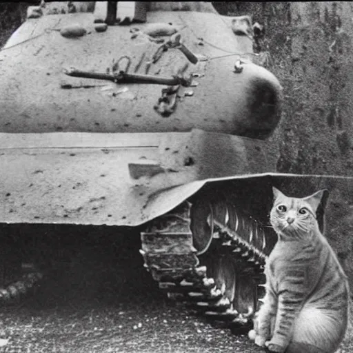 Image similar to old photograph of fat cat inside a world war 2 tank