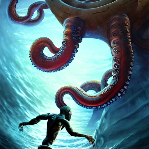 Image similar to a dream fantasy painting of a giant octopus attack a swimming man, by beksinki, giger, greg rutkowski, carne griffith trending on artstation, deviantart, photorealism