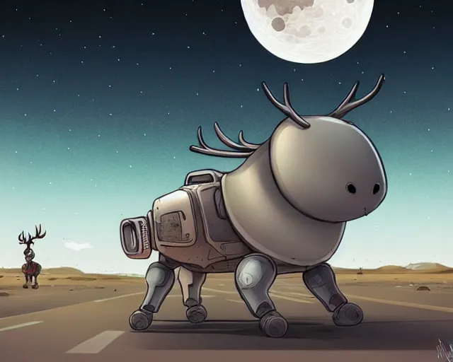 Prompt: a cell shaded cartoon grey santa + deer robot, with a big head, on a desert road, wide shot, in front of a big moon, muted colors, post grunge, josan gonzales, wlop, by james jean, victor ngai, hq, deviantart, art by artgem