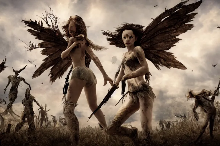 Image similar to The beautiful fairy girl, with tattered wings and torn clothes ,fights off a hoard of undead monsters and zombies, firing a pistol, while standing on a pile of bones, hyper realistic, octane render, cinematic, golden ratio, curved lines, the dark tower, dramatic lighting shadows, detailed illustration, 8k, intricate details, oil painting, 3d scene, render, ultra realistic, zenith view, Greg Rutkowski, artstation, cgsociety, level design, unreal engine, 3d scene, render, ultra realistic, zenith view, Enki Bilal style