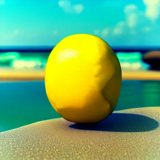 Prompt: anthromorphic robotic lemon relaxing in a beach, photorealistic 3 d octane render, unreal engine