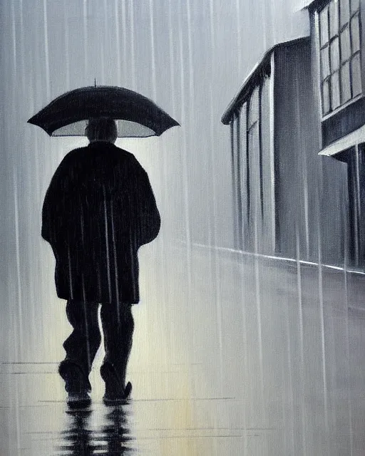 Prompt: a painting of an old man walking down the street, rain, an ultrafine detailed painting, by cabu, featured on deviantart, detailed painting, deviantart