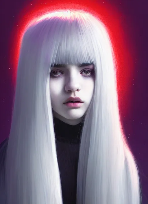 Image similar to hair whitebangs hair, black hair, whitebangs, portrait of teenage girl with white bangs, red irises, purple clothes, white bangs, bangs are different color from hair, intricate, elegant, glowing lights, highly detailed, digital painting, artstation, concept art, smooth, sharp focus, illustration, art by wlop, mars ravelo and greg rutkowski