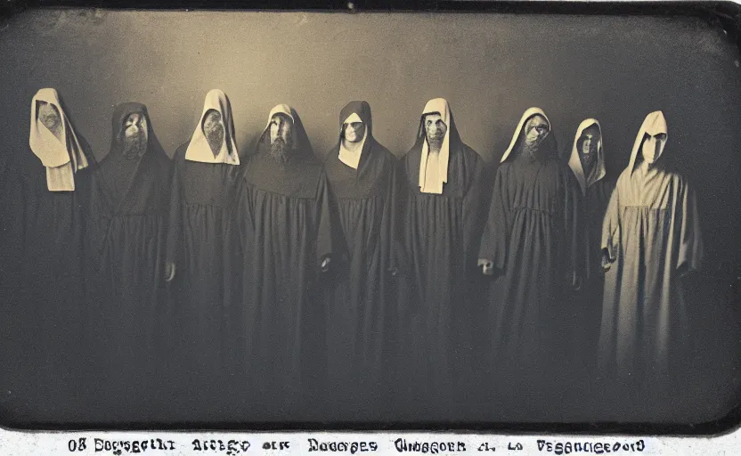 Prompt: a old daguerreotype photo of a group of cultists, wearing robes, wearing hoods, on a pilgrimage to hell, grainy, old photo, golden ratio, scary, horror photography, 5 0 mm lens, f 1. 8