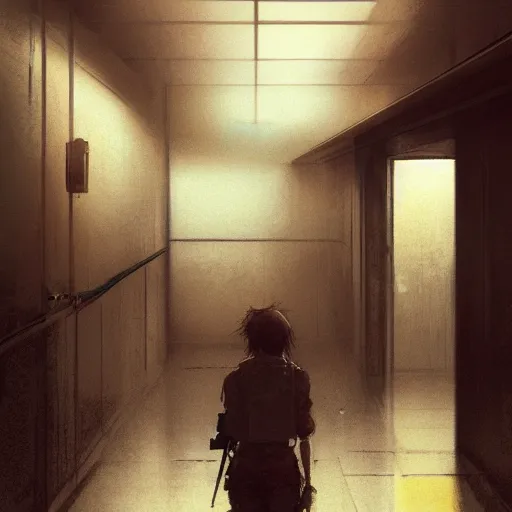 Image similar to Extremely Detailed and Full Portrait scene of a isolated motel hallway by Akihito Yoshitomi AND Yoji Shinkawa AND Greg Rutkowski, Mark Arian trending on artstation.