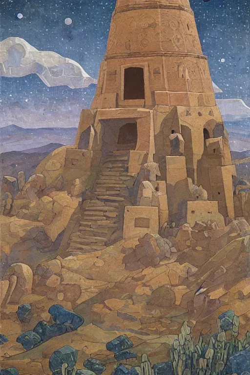Prompt: painted tower of the moon, by Sylvain Sarrailh and Nicholas Roerich and Annie Swynnerton, dramatic cinematic lighting , beautiful tilework mosaics, ornate architecture, sacred artifacts, lost civilizations, smooth, sharp focus, extremely detailed