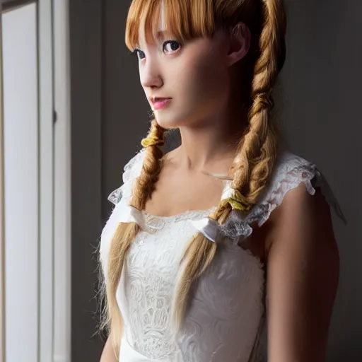 Image similar to a symmetric and beautiful face, professional full length high definition photo of a young woman with twin tails and wedding dress