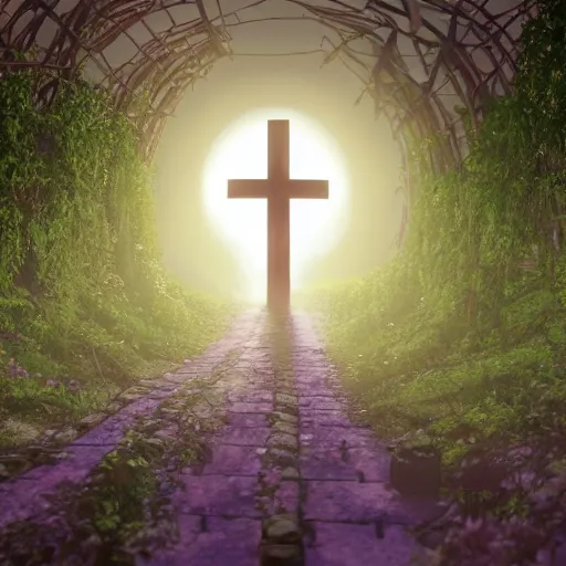 Image similar to a christian cross as the light at the end of the tunnel, with pale purple and pale pink lighting, with a few vines and overgrowth, studio ghibli, cinematic, realistic painting, high definition, digital art, symmetrical, very detailed, extremely high detail, photo realistic, concept art, unreal engine 5,