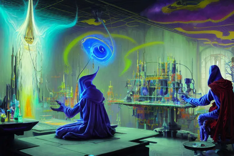 Image similar to a highly detailed beautiful masterpiece painting of a technomancer wizard in robes with pointed hood discussing sentience with his synthesized AI djinn in his laboratory near a computer by Remedios Varo and Anato Finnstark and Greg Rutkowski, dayglo pink, dayglo blue, dazzle camouflage, 8k, trending on ArtStation, rendered in Octane, volumetric lighting