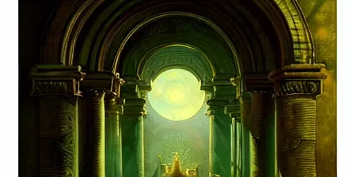 Prompt: beautiful hyperrealistic epic painting of a mysterious intricate cloclwork ruins of the ancient temple, advanced alien technology, a green glowing crystal is inside the temple, by hubert robert and lee madwick and bastien lecouffe deharme, dramatic moonlight lighting