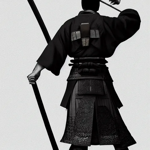 Prompt: A FULL BODY PORTRAIT FROM BEHIND OF A SAMURAI THAT HOLDS 2 KATANAS FROM VAGABOND, ,detailed, concept art, OCTANE RENDER ,HIGHLY DETAILED ink style , sketch black and white colors