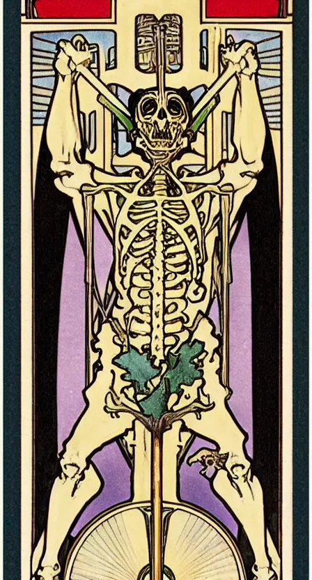 Image similar to a tarot card of a skeleton with a scythe, illustrated in an art deco style by tamara de lempika and an elegant border by alphonse mucha.