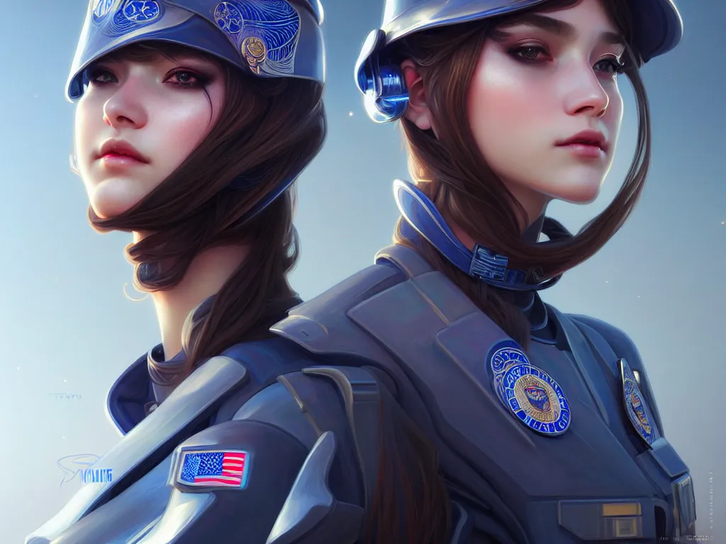 Image similar to portrait futuristic usa police uniform girl, at future neon light rooftop, ssci - fi and fantasy, intricate and very very beautiful and elegant, highly detailed, digital painting, artstation, concept art, smooth and sharp focus, illustration, art by tan zi and ayanamikodon and alphonse mucha and wlop