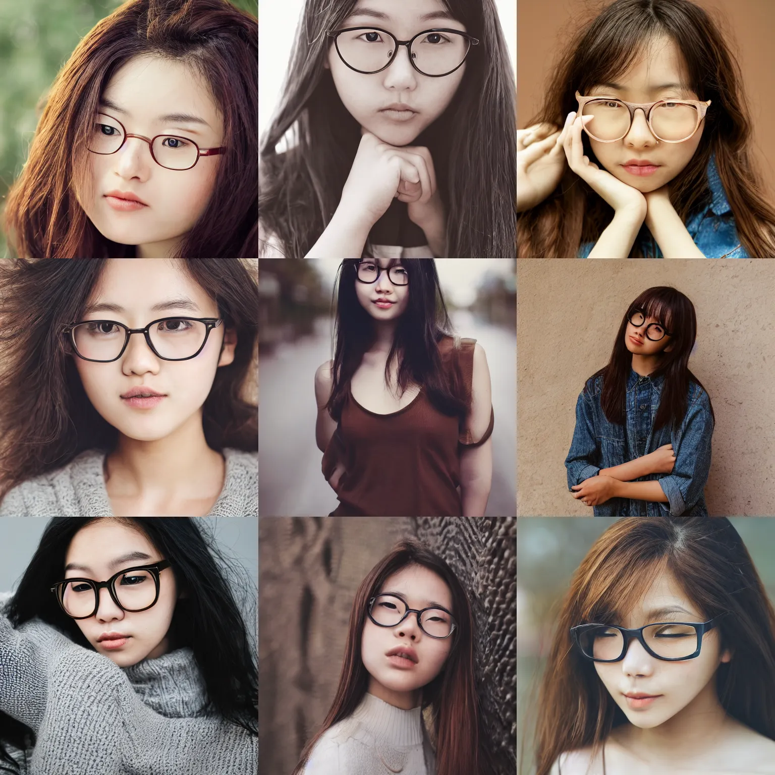 Prompt: portrait, award - winning photo, cute, beautiful, faired skin, round faced, brown colored long hair, korean girl, wearing round glasses, trendy clothes, bokeh