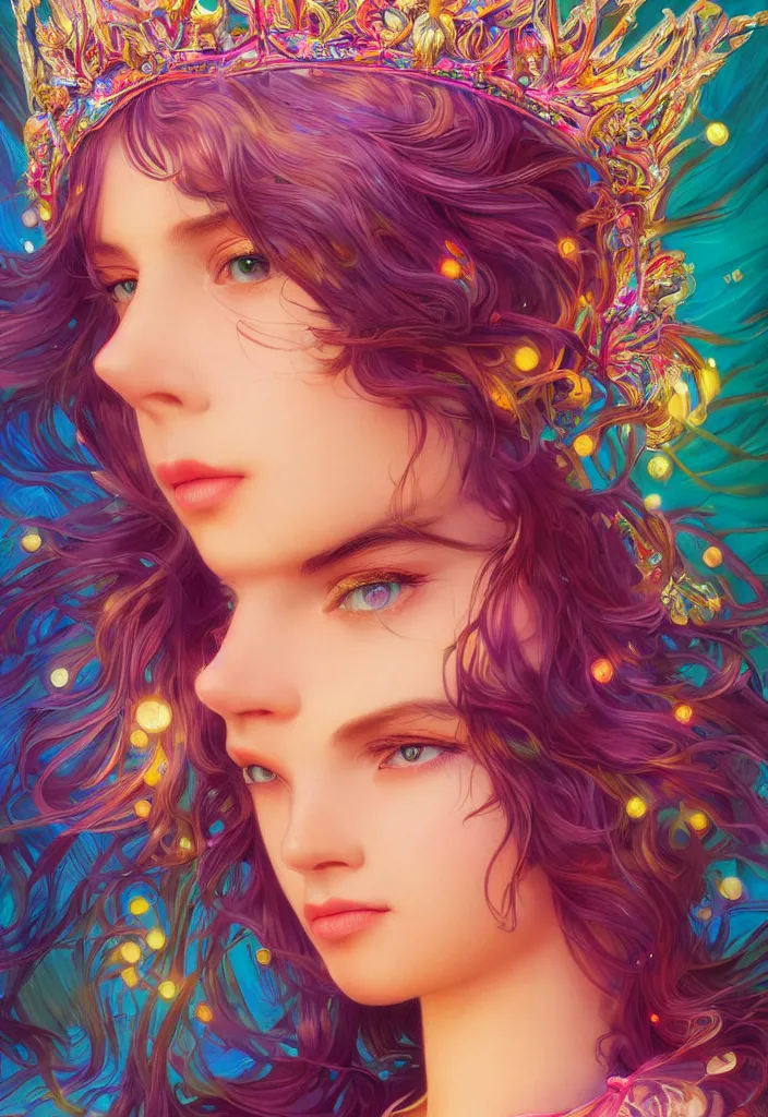 Image similar to beautiful, young woman, detailed gorgeous face, vaporwave aesthetic, synthwave, colorful, psychedelic, water droplets, feathers, crown, artstation, concept art, smooth, extremely sharp detail, finely tuned detail, ultra high definition, 8 k, unreal engine 5, ultra sharp focus, illustration, art by artgerm and greg rutkowski and alphonse mucha