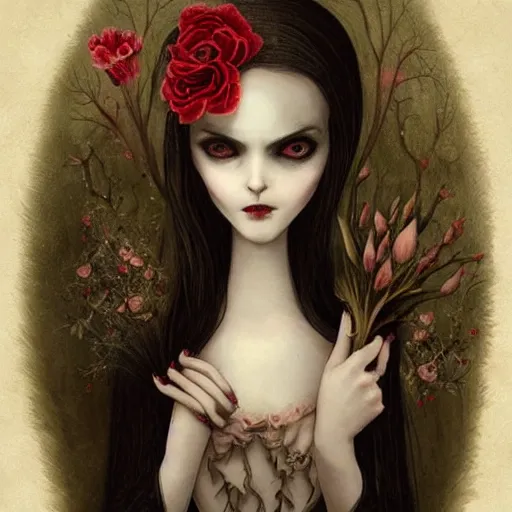 Image similar to a sensual serious gothic vampiress with decaying flowers and a quirky smile, pale with small mouth but exhuberant lips, round beautiful oval shape and big expressive eyes by benjamin lacombe