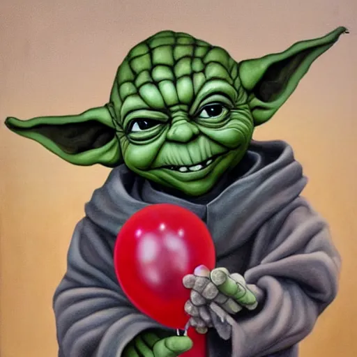 Prompt: grunge painting of yoda with a wide smile and a red balloon by chris leib, loony toons style, pennywise style, corpse bride style, horror theme, detailed, elegant, intricate