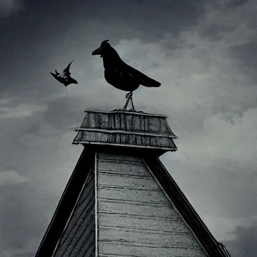 Image similar to A clown on the roof of the church playing with crows, futurist, digital art, dramatic lighting, symbolic