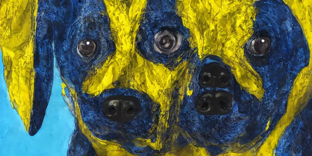 Prompt: rendered in blender scary dog on wired, yellow, blue and black, collage paper and tape, acrylic on canvas, hyperrealism mixed with expressionism, high resolution, cinematic, unreal 6, breathtaking detailed, by blake neubert