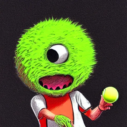 Image similar to a tennis ball monster ,tennis ball, chalk, digital art, fantasy, magic, trending on artstation, ultra detailed, professional illustration by Basil Gogos