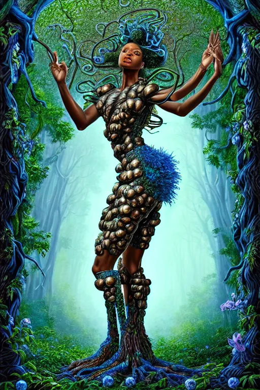 Image similar to hyperrealistic post - rococo super gorgeous! black woman with exoskeleton armor, merging with tree in a forest, highly detailed digital art masterpiece smooth cam de leon hannah yata dramatic pearlescent blue teal light ground angle hd 8 k sharp focus