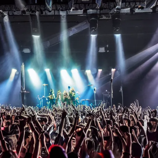 Prompt: photo of a rock band playing in a crowded stadium