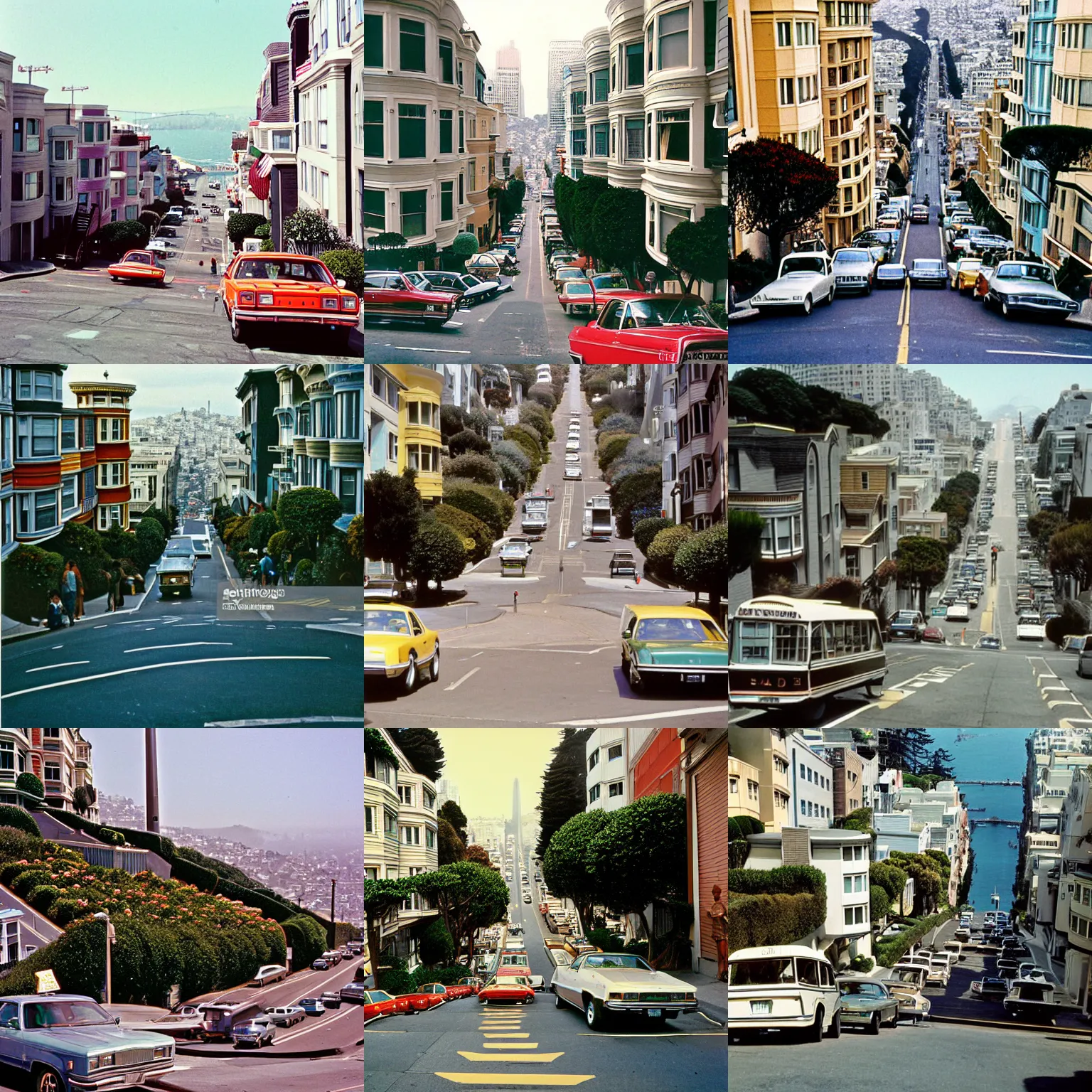 Prompt: color photograph of iconic Lombard Street, San Francisco In 1975