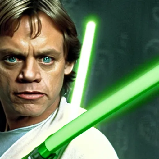 Image similar to a still from a film featuring clean shaven mark hamill as jedi master luke skywalker, holding a green lightsaber by the hilt, full body, 3 5 mm, directed by steven spielberg, 1 9 9 4