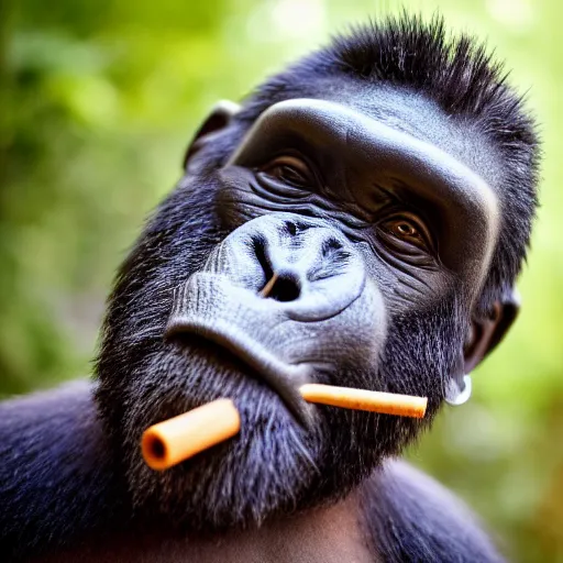 Prompt: Ape smoking blunt, EOS-1D, f/1.4, ISO 200, 1/160s, 8K, RAW, unedited, symmetrical balance, in-frame