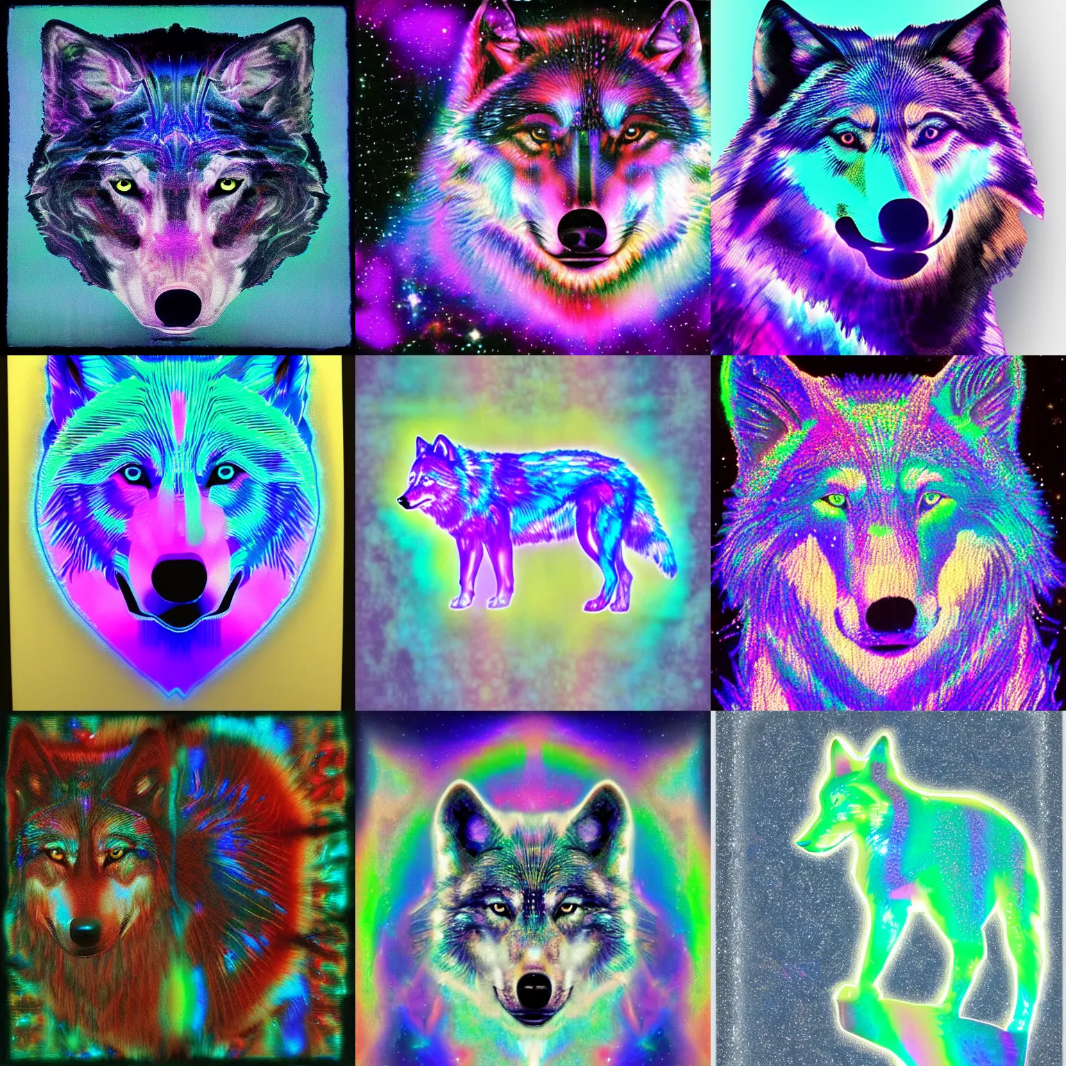 Prompt: hologram of a wolf, iridescent