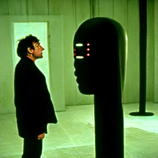 Image similar to a man and a robot in a moment of jealousy, movie still, Movie by Andrzej Zulawski and David Lynch