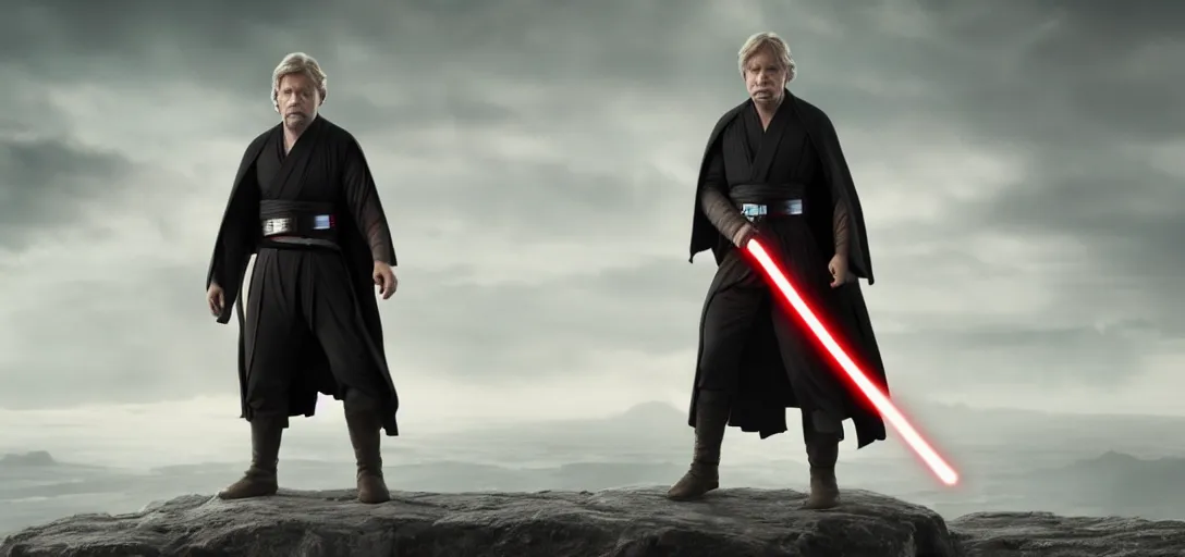 Image similar to Jedi master Luke Skywalker from the last jedi standing alone in heroic pose hyper realistic 4k