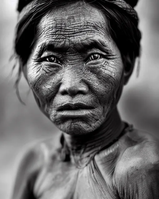 Image similar to Award winning Portrait photo of a Native Myanmarese with hyper-detailed hair and beautiful eyes wearing traditional garb by Lee Jeffries, 85mm ND 5, perfect lighting, gelatin silver process