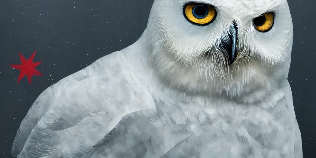 Prompt: portrait of a geometric snowy owl, identical eyes, medium shot, illustration, full body made of white feathers, lily flower quebec flag, symmetrical, art stand, super detailed, cinematic lighting, and its detailed and intricate, gorgeous, by peter mohrbacher