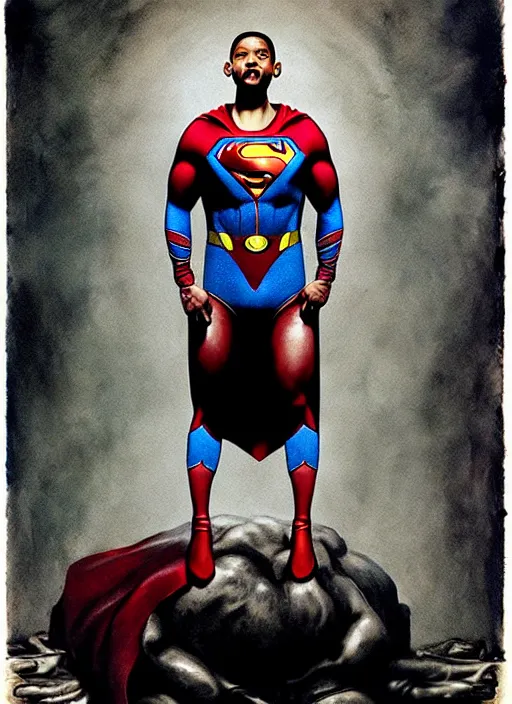 Prompt: will smith as superman, muscles, veins, arteries, intricate, organs, ornate, surreal, ray caesar, john constable, guy denning, dan hillier