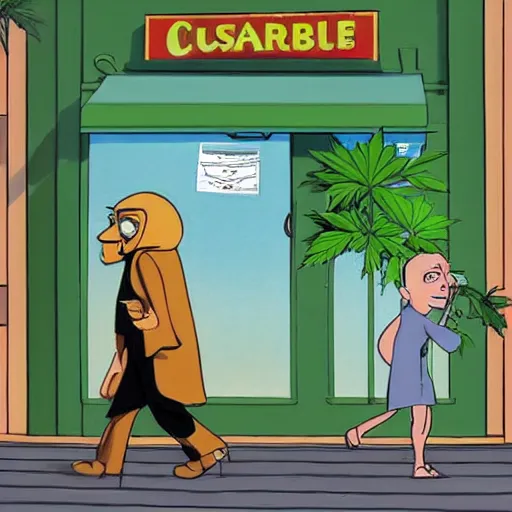 Prompt: Cannabis leaf character goes for a walk past an Australia suburban cafe. cartoon character illustrated by Ralph McQuarrie