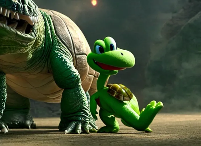 Image similar to film still of yoshi in the new sci - fi movie, cute upright standing upright upright dinosaur standing on its hind legs with a small turtle shell and long tongue, 8 k