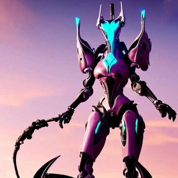 Image similar to cinematic close up full body shot of a beautiful saryn prime female warframe, that's a beautiful stunning anthropomorphic robot female dragon with metal cat ears, posing cutely, standing on the beach at sunset, robot cat paws, thick warframe legs, detailed arms, sharp claws, slick pink armor, streamlined white armor, long elegant tail attached to her back end, two arms, two legs, detailed warframe fanart, destiny fanart, macro art, dragon art, furry art, realistic digital art, warframe art, Destiny art, furaffinity, DeviantArt, artstation, 3D realistic, 8k HD, octane render