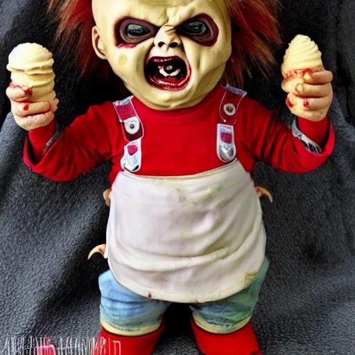 Prompt: screaming chucky doll made of ice cream