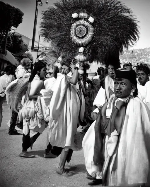 Image similar to Award winning reportage photo of Monegasque Natives with incredible hair wearing traditional garb by Garry Winogrand and Dian Arbus, 85mm ND 5, perfect lighting, gelatin silver process